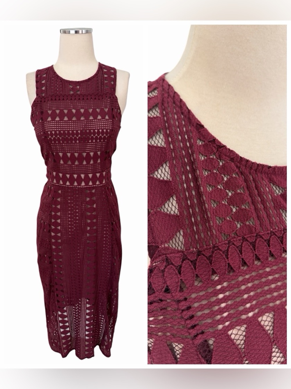 Fab’rik Sleeveless Burgundy Lace Midi Cocktail Dress Sz S